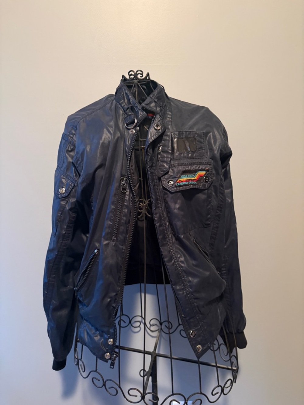 Navy Bomber Jacket with Patch Detail - Women's Bomber Coat -vintage 80s